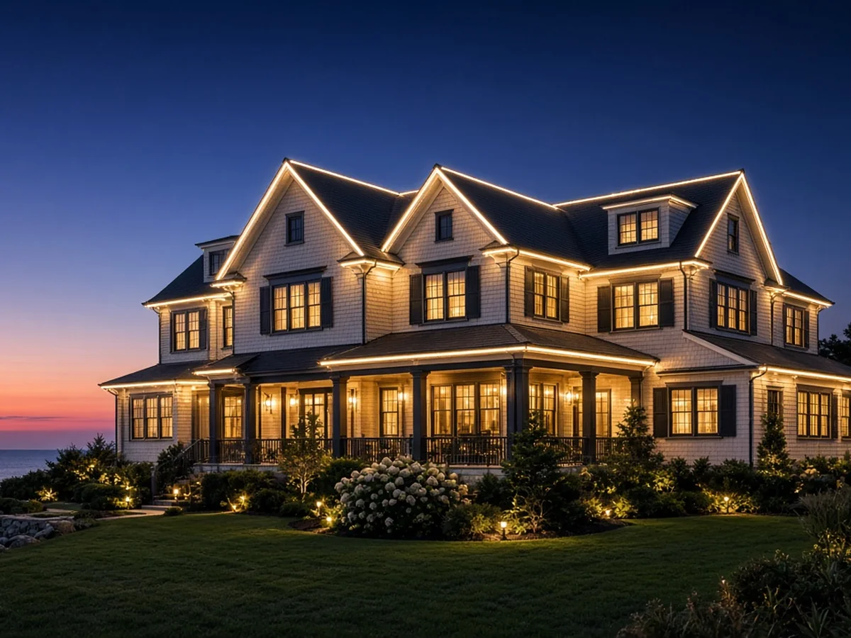 An elegantly lit coastal home at dusk