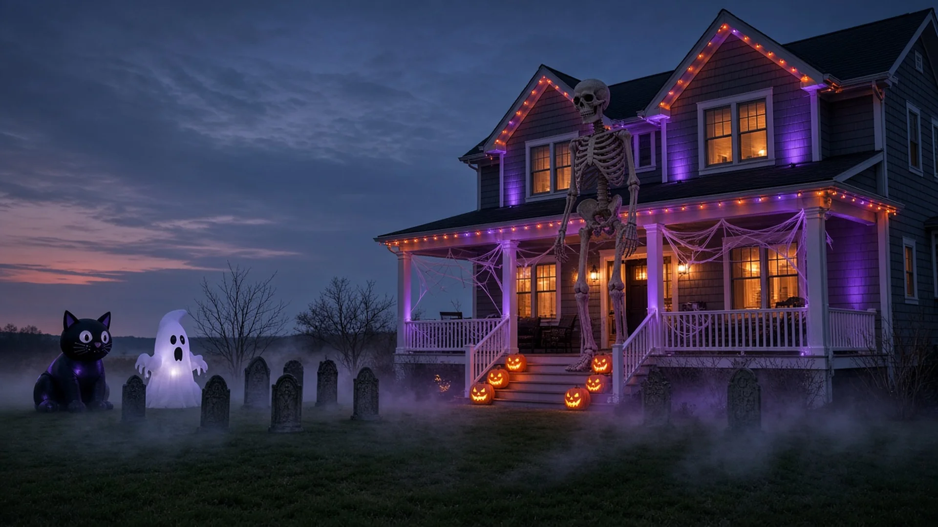 A Jersey Shore home with purple and orange Halloween roofline lights at night
