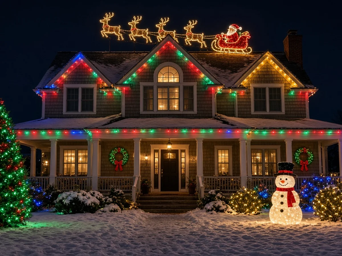 Multicolor Christmas roofline and window lights on a home