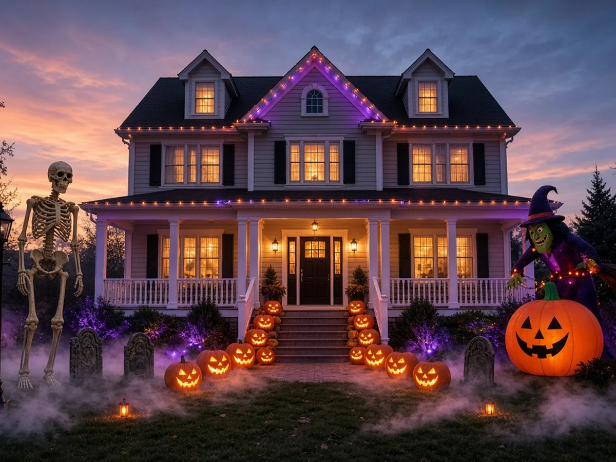 Halloween lighting in orange, purple and green on a family home