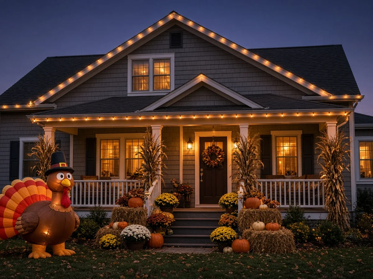 Warm white and amber Thanksgiving roofline lights on a family home