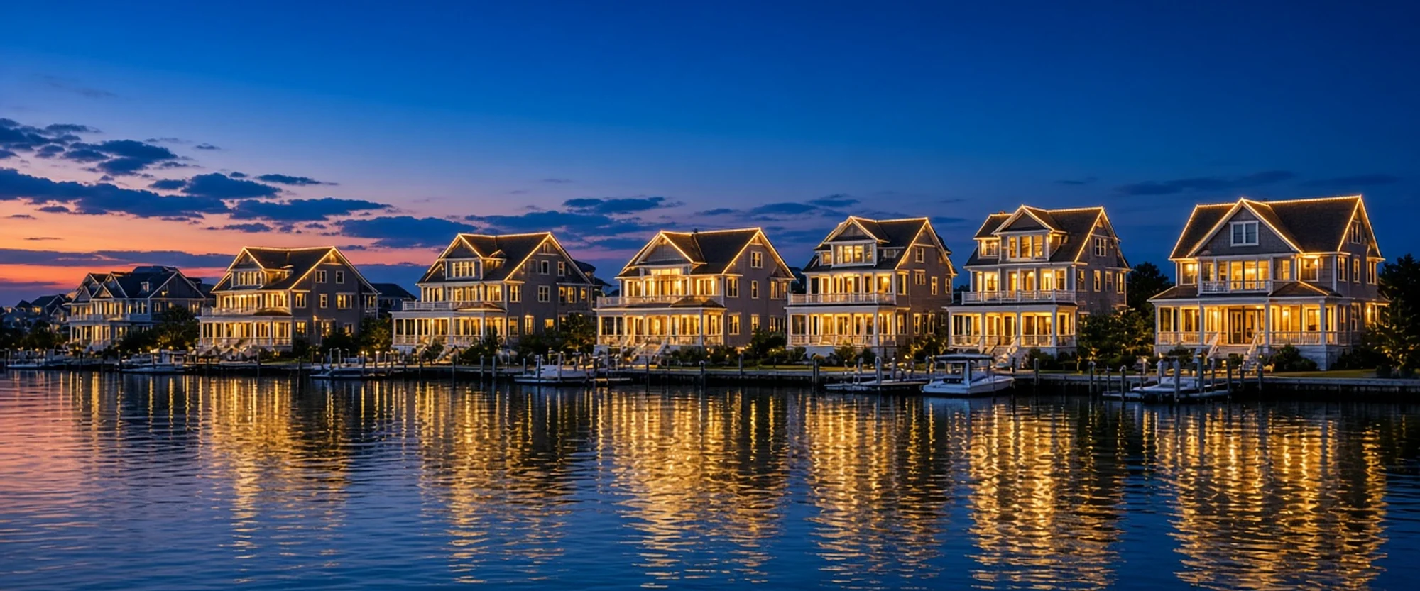 A waterfront row of homes lit at dusk
