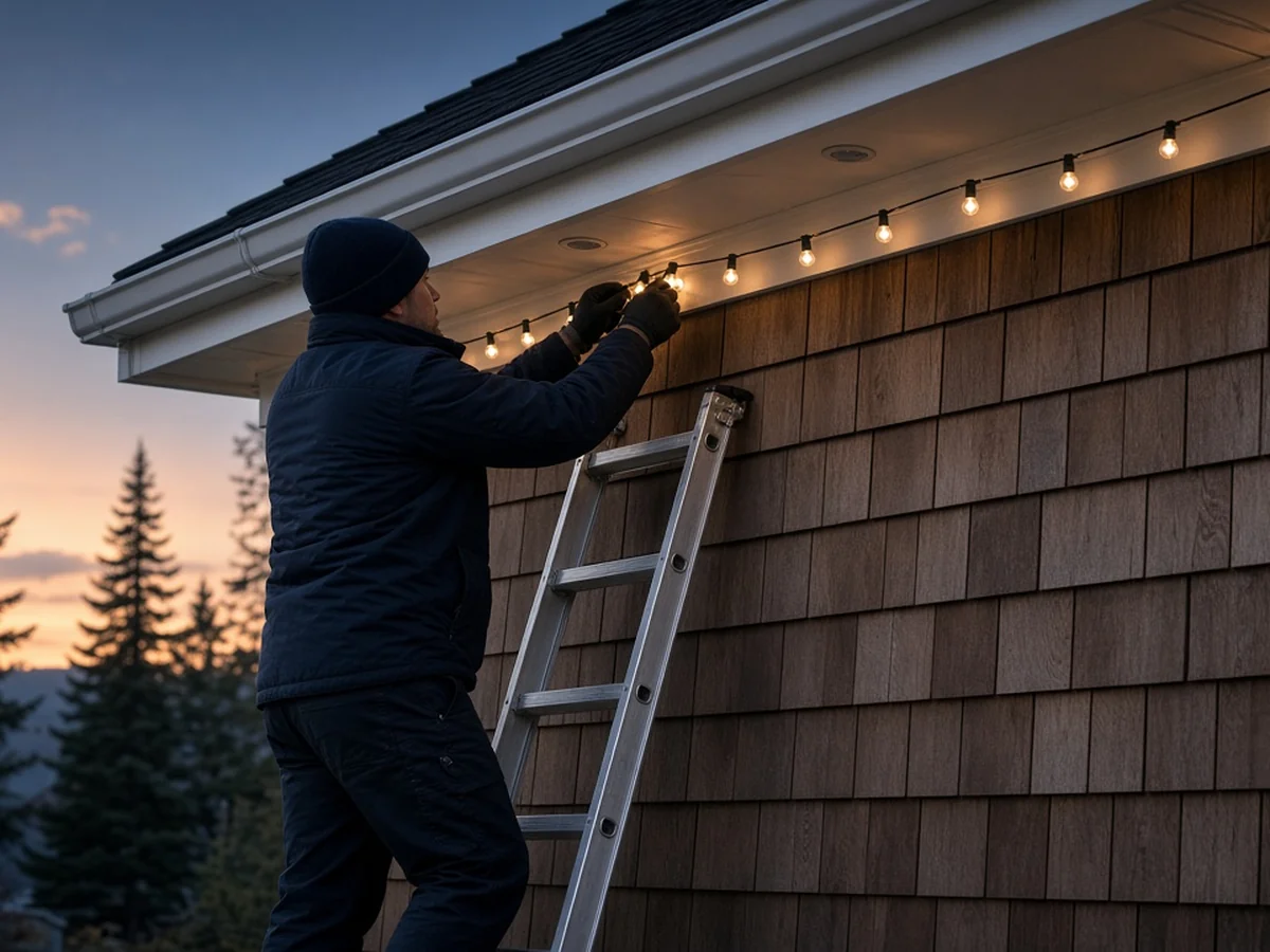 A Trident Lighting installer working cleanly along a home's soffit