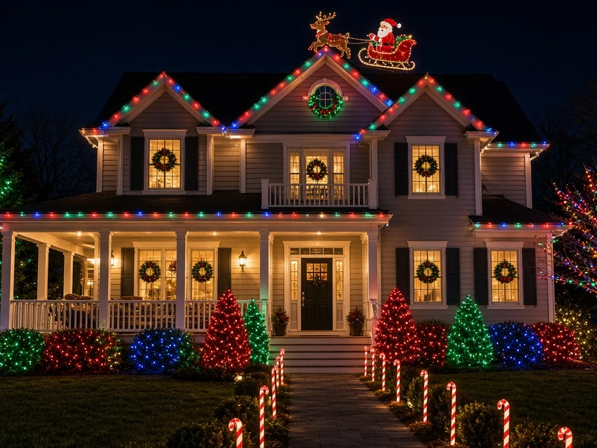 Multicolor Christmas roofline and window lights on a home