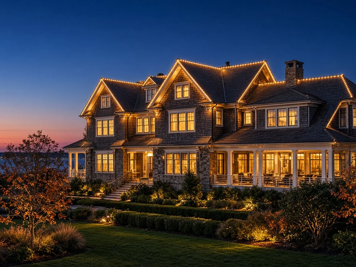 A home lit for the season along its roofline at dusk